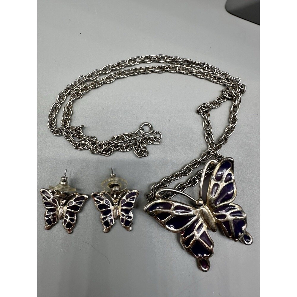 Plique a Jour Transparent Purple Butterfly Necklace & Earring Set